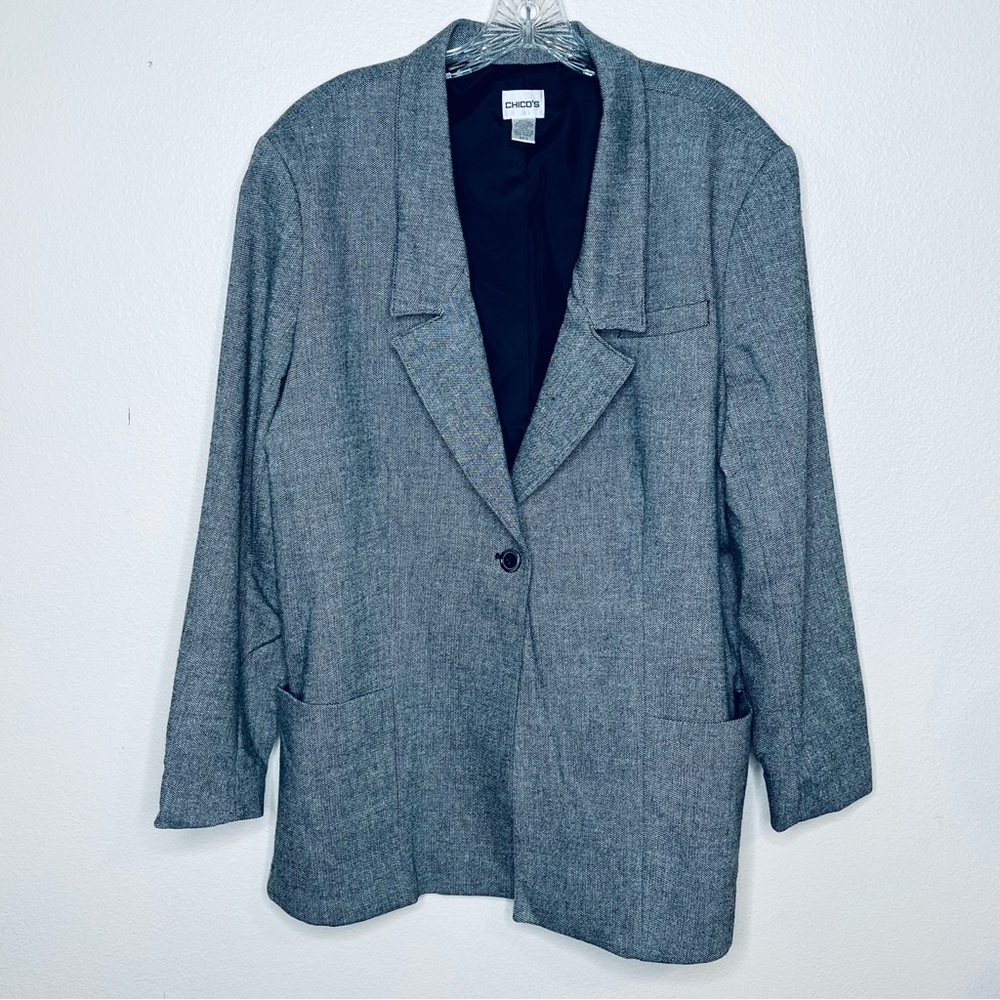 Chico’s wool blend gray blazer suit jacket size 3 long line one button